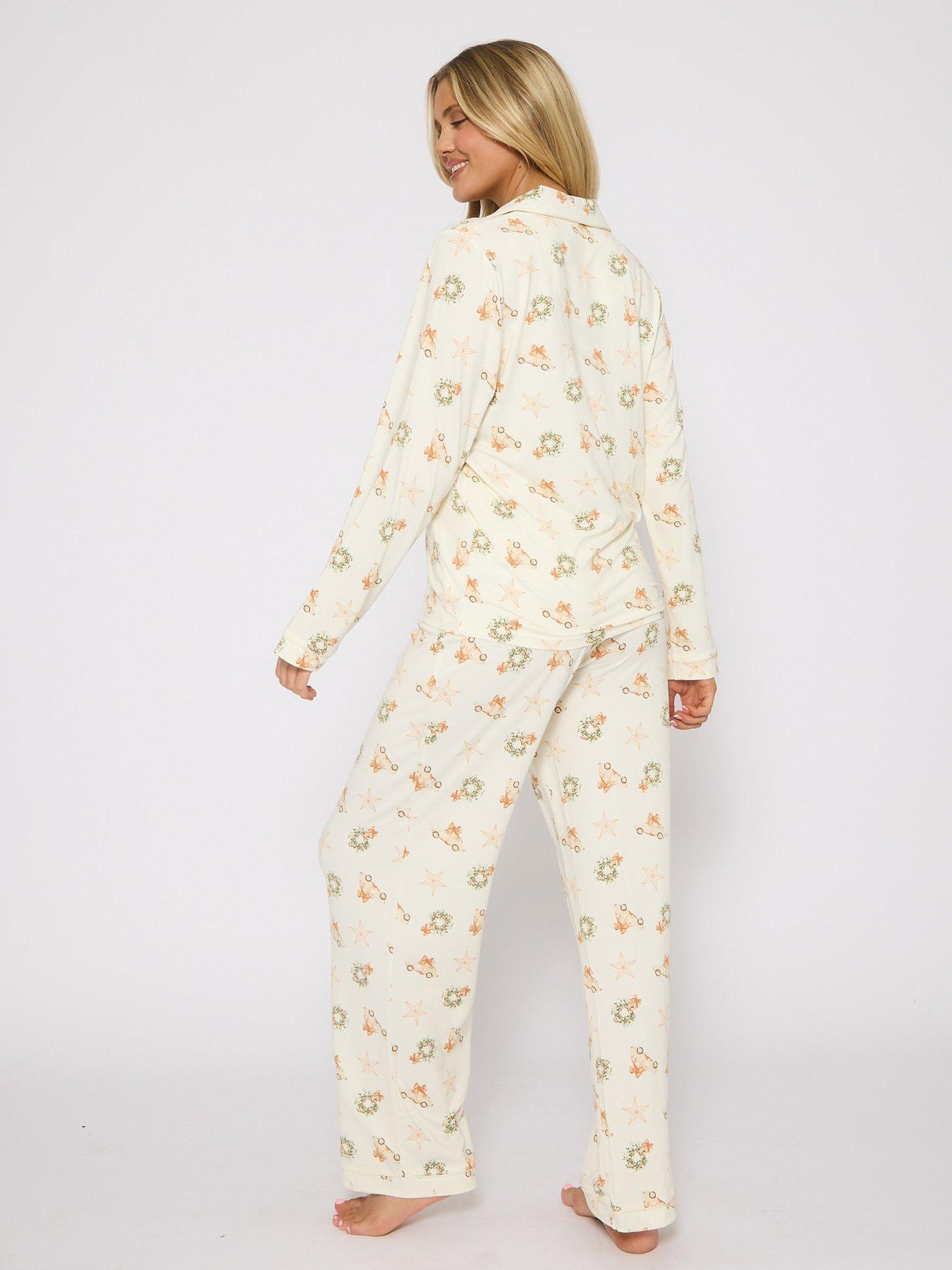 Image 2 of 3 of Loungeable Neutral Button Shirt And Long Pant Christmas Pyjama Set - Cream