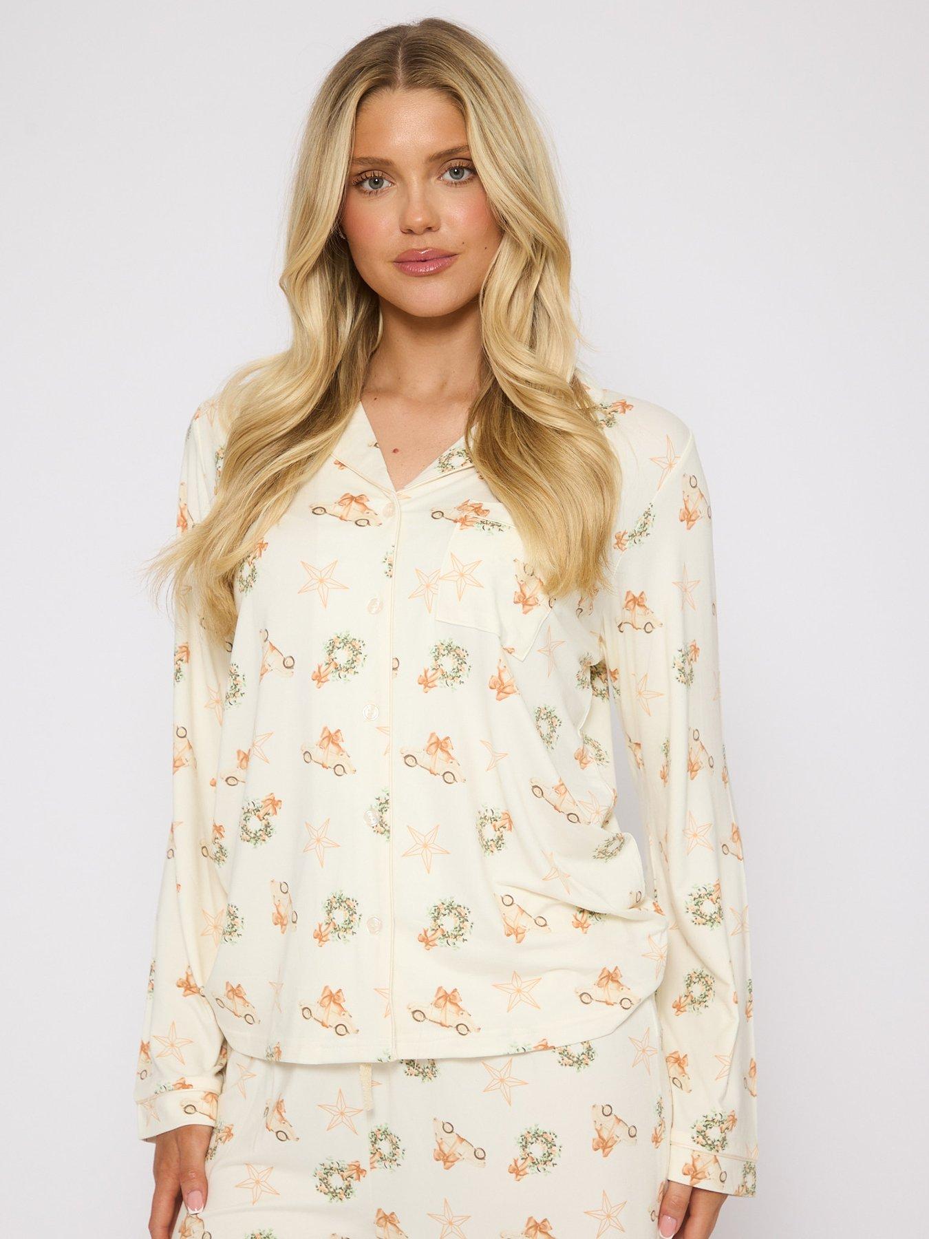 Image 3 of 3 of Loungeable Neutral Button Shirt And Long Pant Christmas Pyjama Set - Cream
