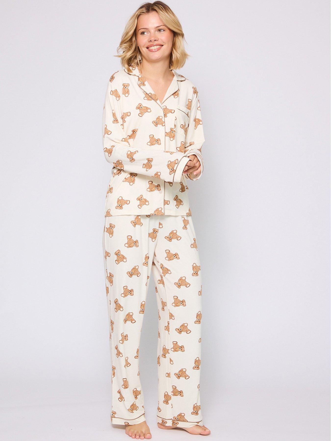 undefined Teddy Bear Button Shirt And Long Pant Pyjamas Set - Cream