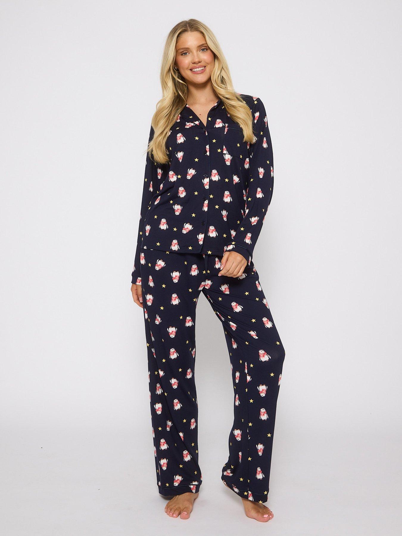 Loungeable Penquin Long Sleeved Button Down Traditional Pyjama Set - Navy