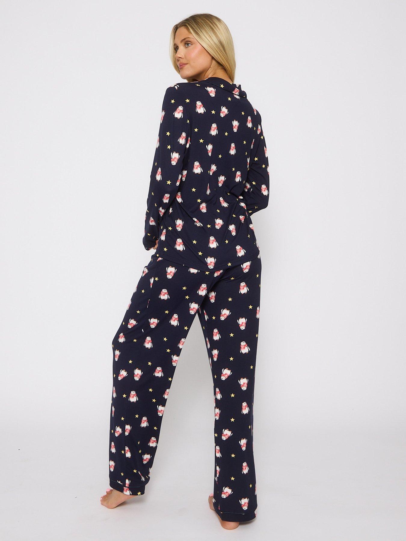 Image 2 of 4 of Loungeable Penquin Long Sleeved Button Down Traditional Pyjama Set - Navy