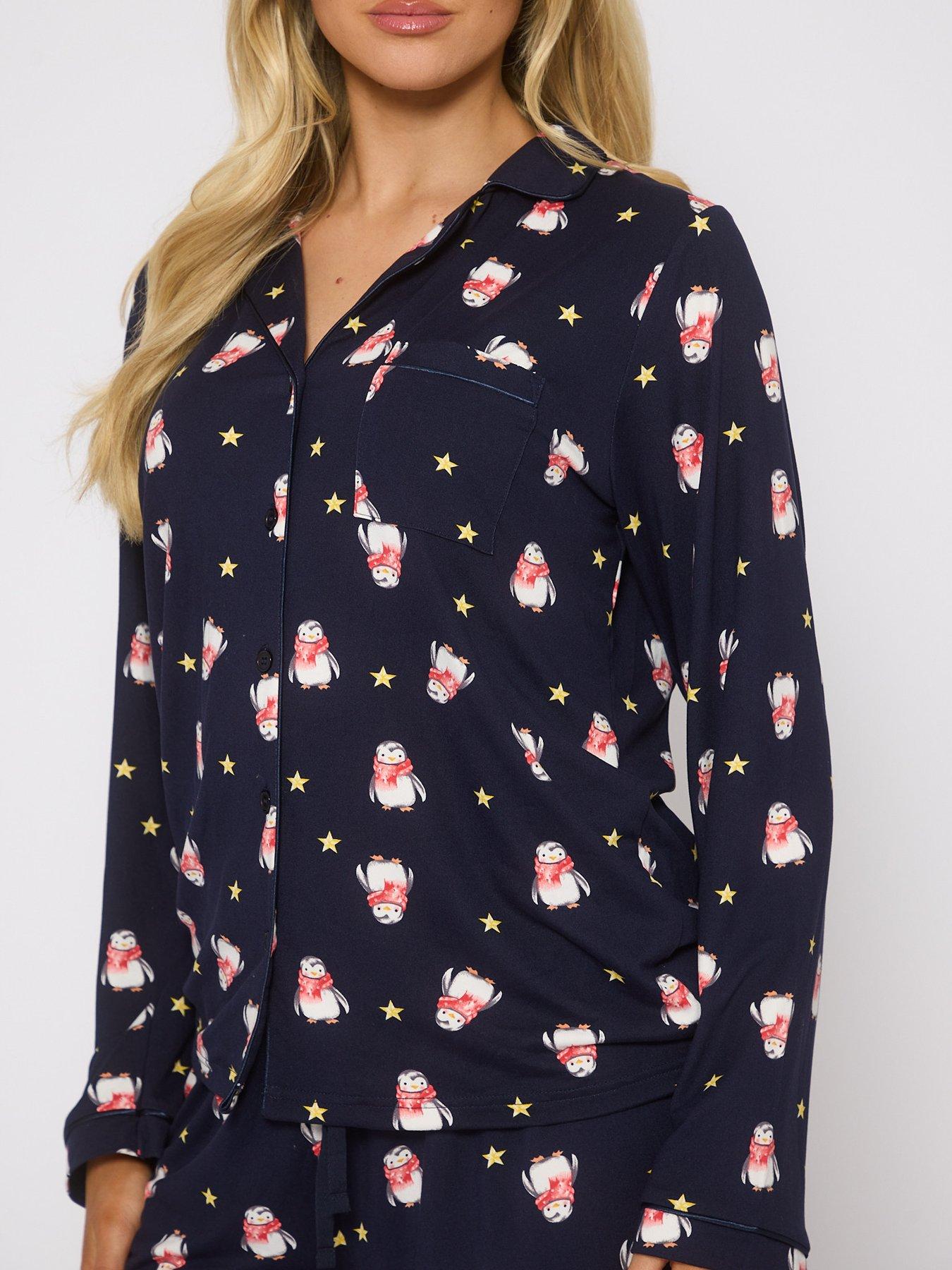 Image 3 of 4 of Loungeable Penquin Long Sleeved Button Down Traditional Pyjama Set - Navy