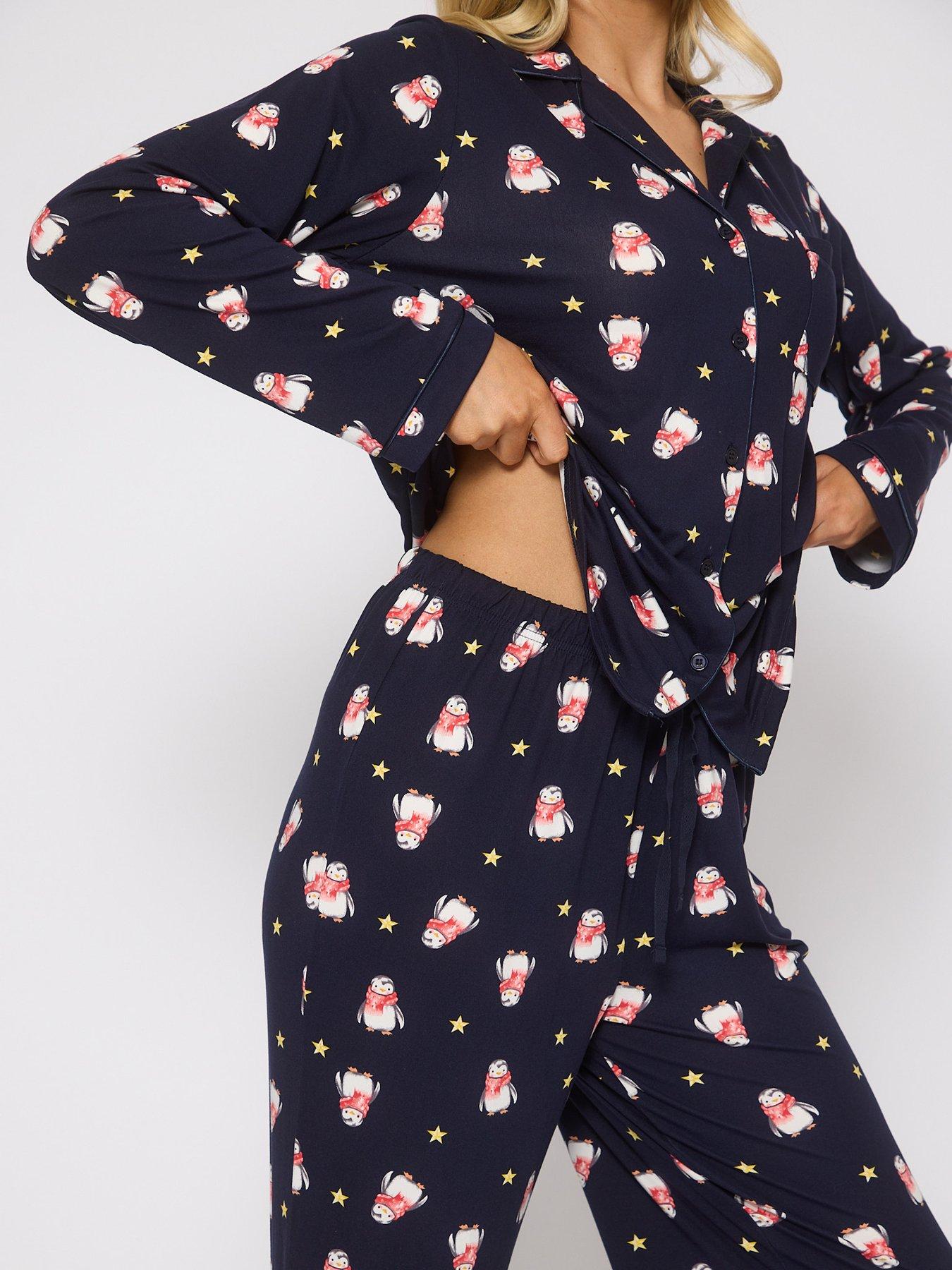 Image 4 of 4 of Loungeable Penquin Long Sleeved Button Down Traditional Pyjama Set - Navy