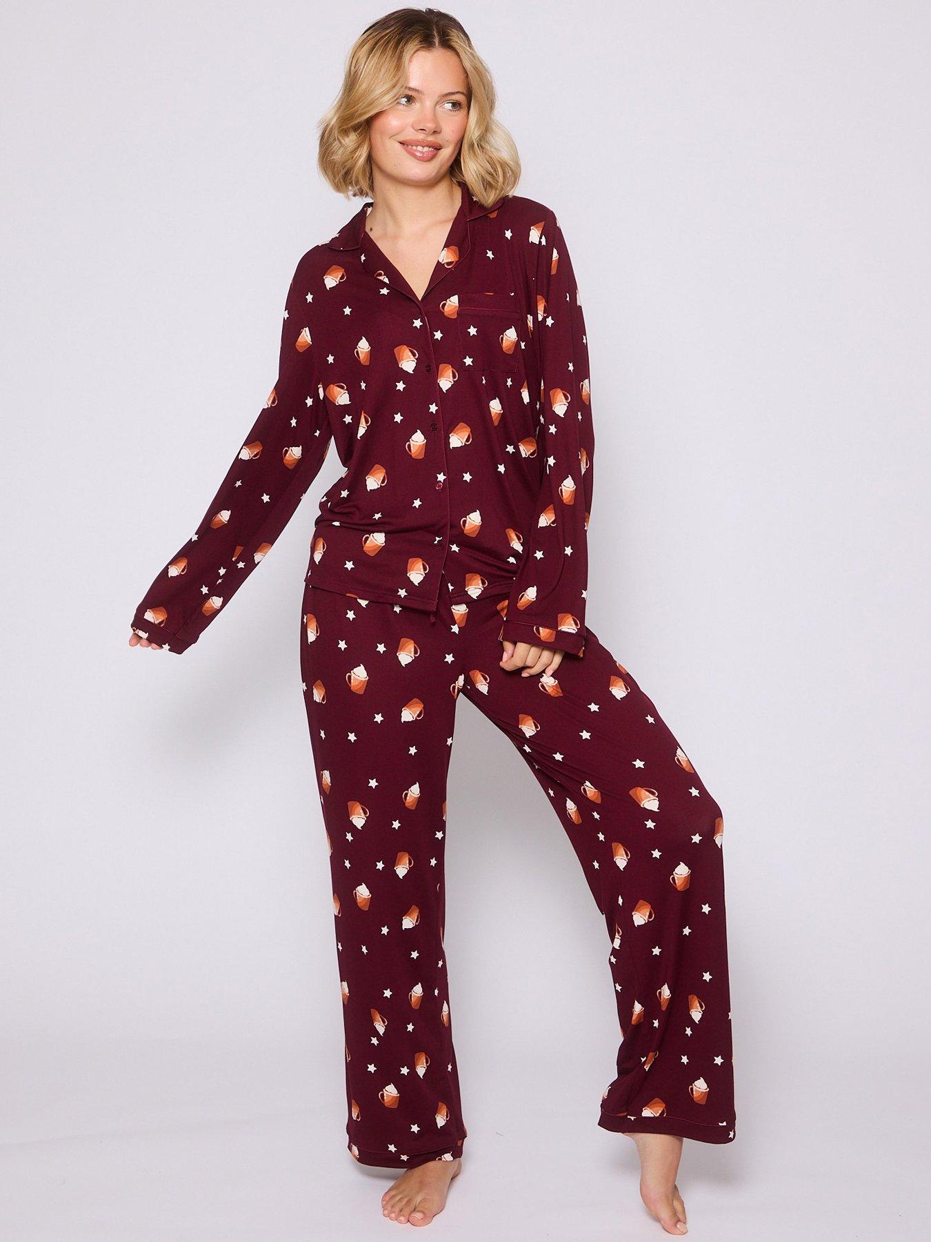 Loungeable Pumpkin Latte Long Sleeved Button Down Traditional Pyjama Set - Red
