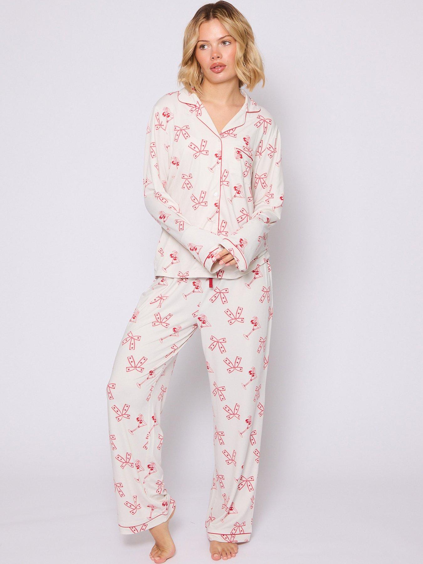 undefined Cherry Martini Long Sleeved Button Down Traditional Pyjama Set - White