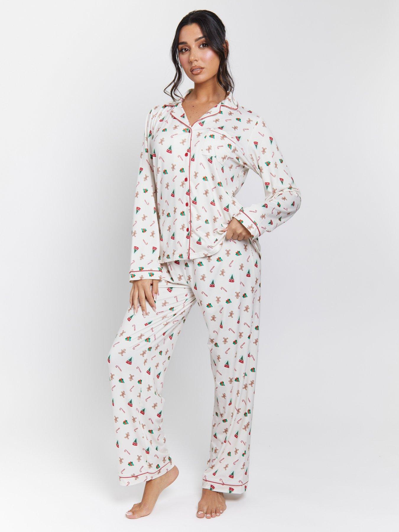 undefined Ginger Bread Button Shirt And Long Pant Christmas Pyjamas Set - Cream
