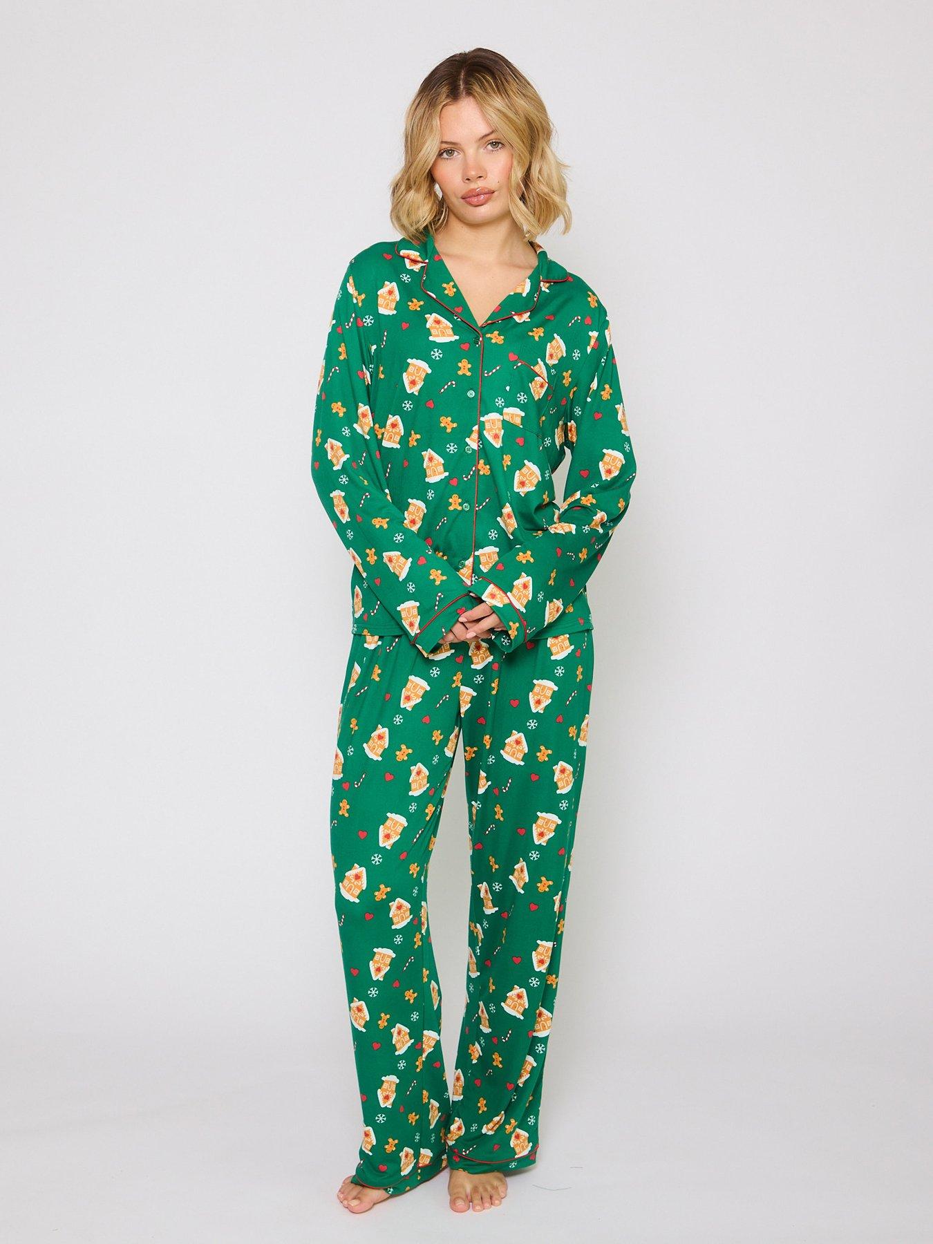 undefined Gingerbread Button Shirt And Long Pant Pyjama Set - Green