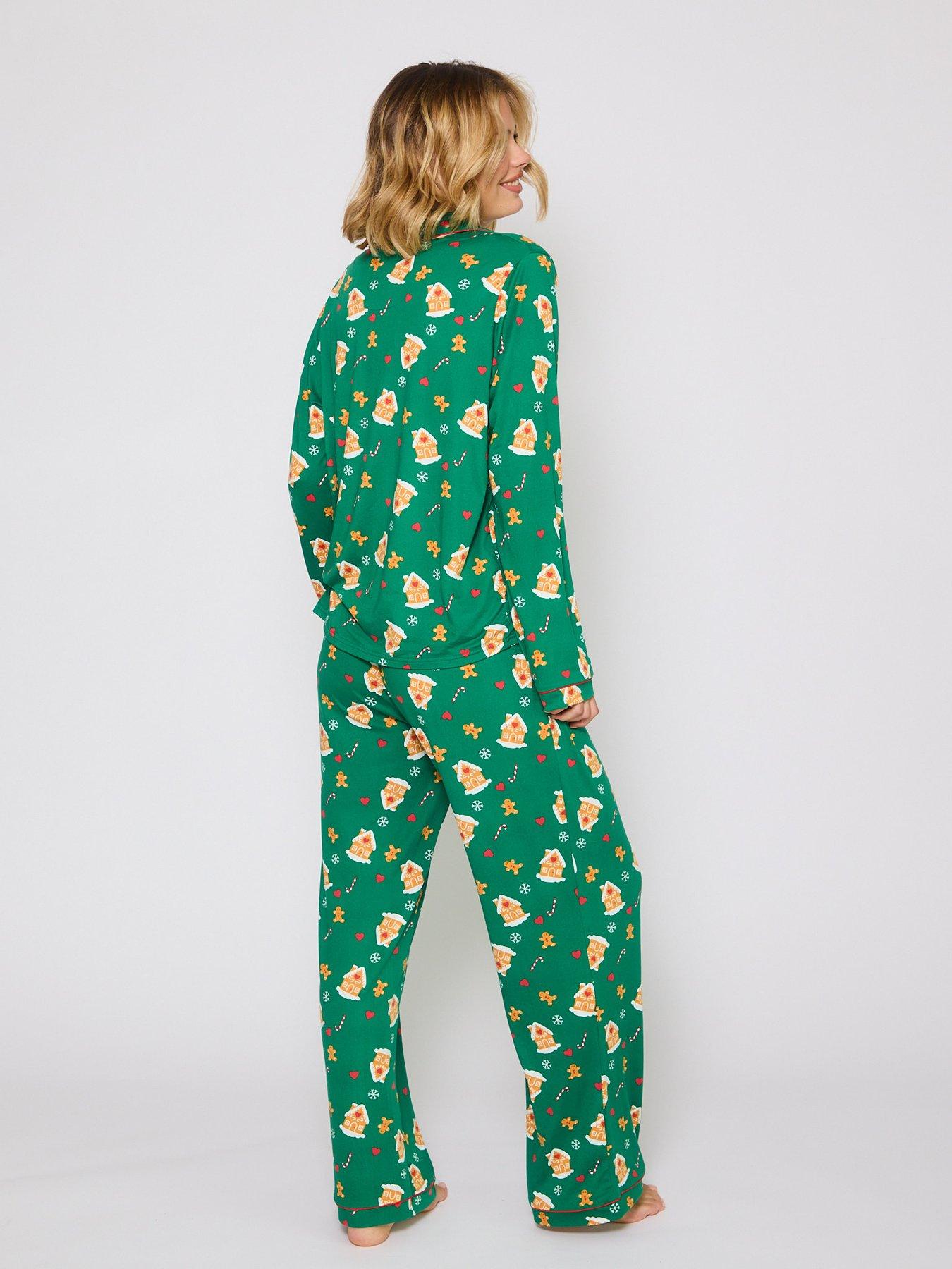 Image 2 of 4 of Loungeable Gingerbread Button Shirt And Long Pant Pyjama Set - Green