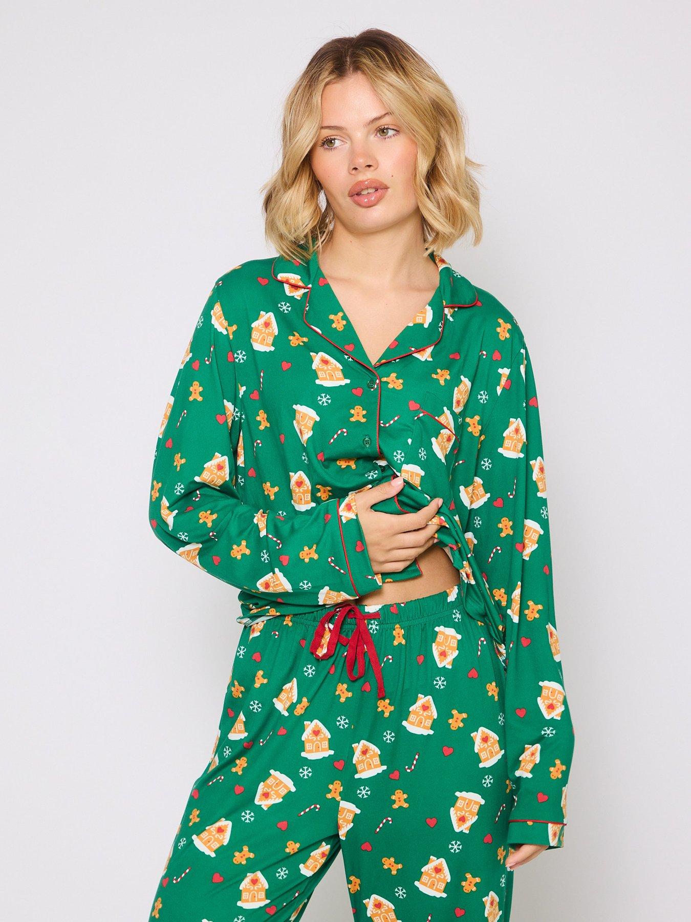 Image 3 of 4 of Loungeable Gingerbread Button Shirt And Long Pant Pyjama Set - Green