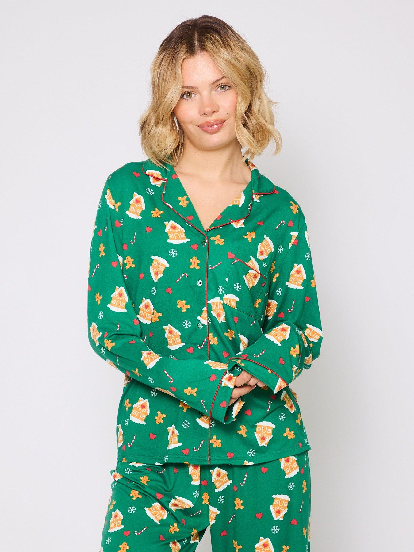 Image 4 of 4 of Loungeable Gingerbread Button Shirt And Long Pant Pyjama Set - Green