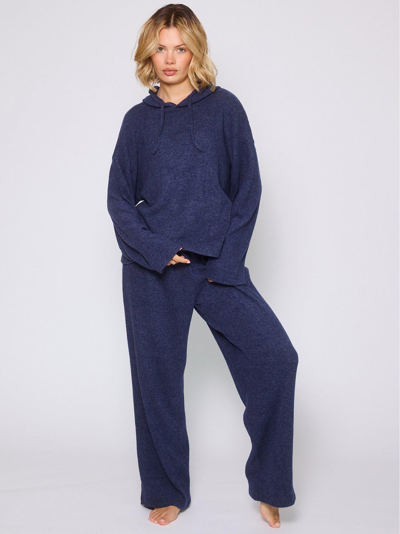 Image 1 of 4 of Loungeable Soft Knit Hooded Top And Trouser Lounge Set - Navy