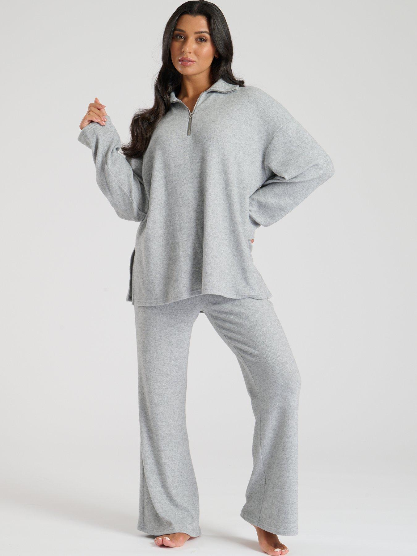 undefined Soft Knit 1/4 Zip Top And Trouser Lounge Set - Grey