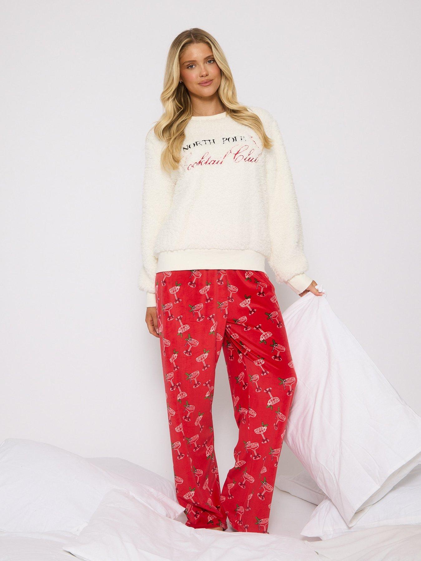 Loungeable Cocktail Club Slogan Sweater And Printed Trouser Christmas Pyjama Set - White