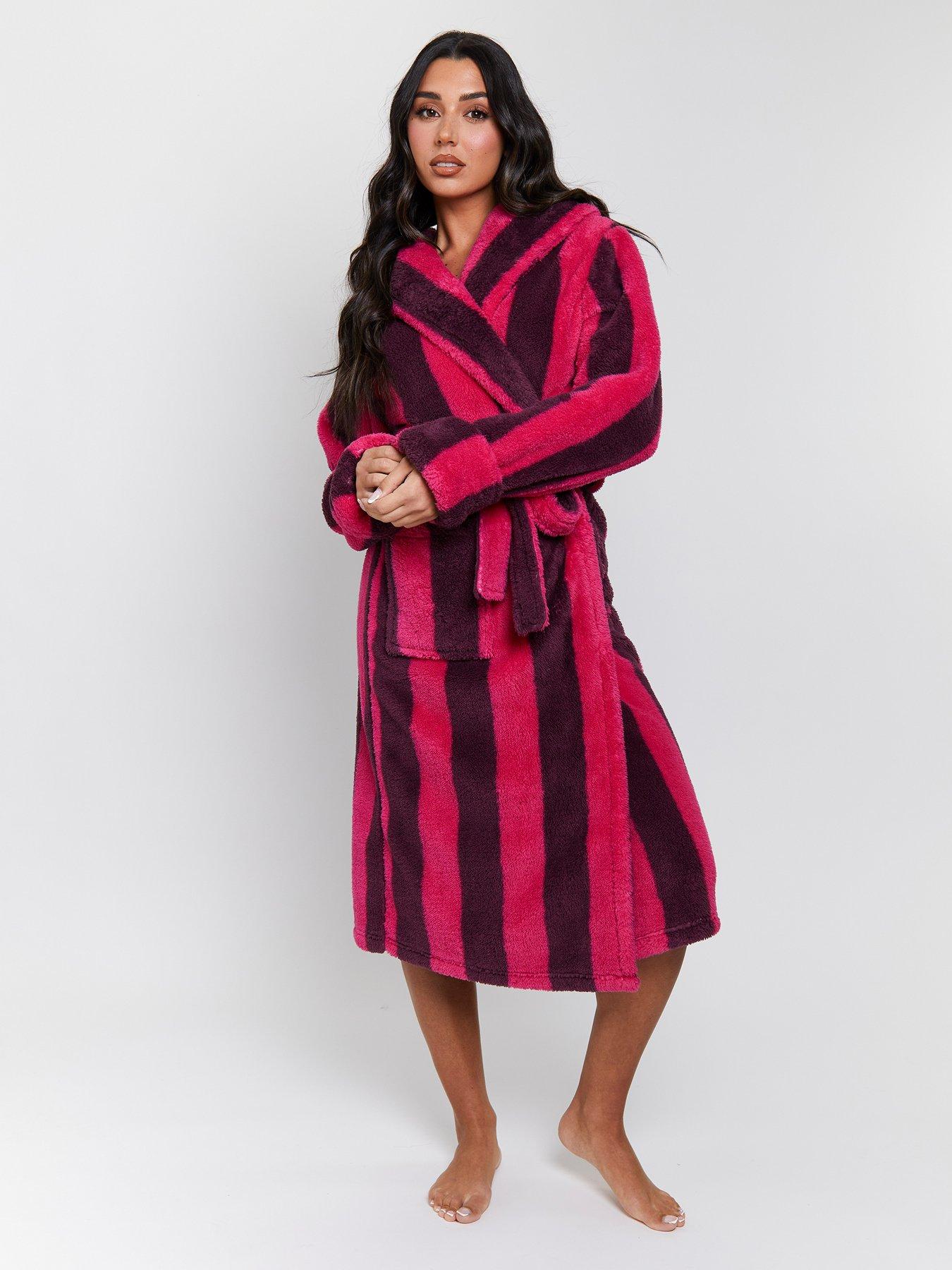 undefined Chunky Sherpa Stripe Hooded Dressing Gown - Red
