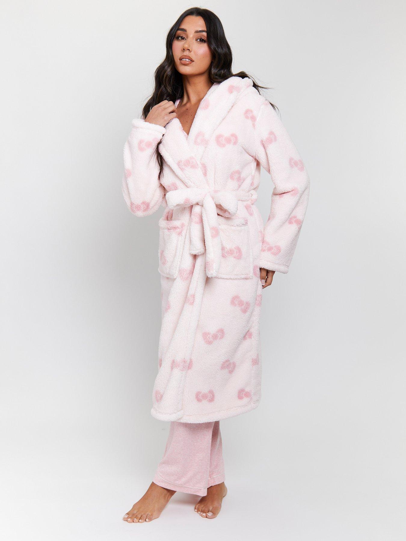undefined Sherpa Bow Hooded Maxi Robe - Pink