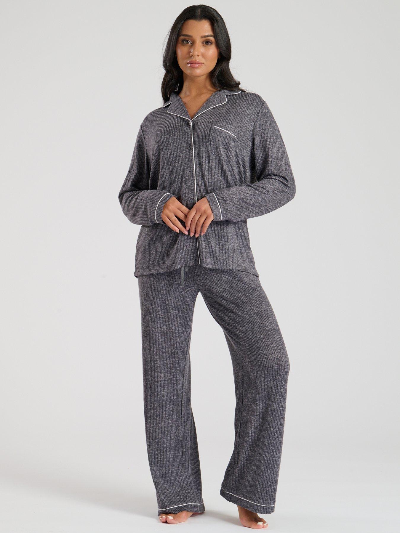 undefined Marl Brushed Knit Rib Traditional Pyjama Set - Grey