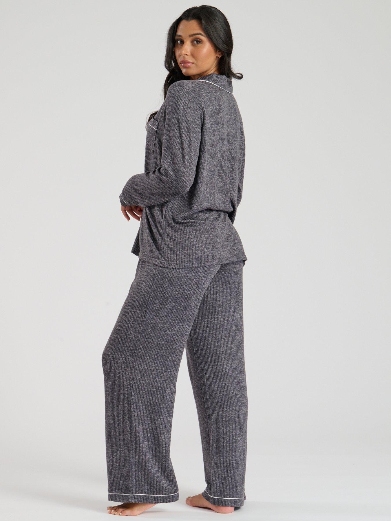 Image 2 of 4 of Loungeable Marl Brushed Knit Rib Traditional Pyjama Set - Grey