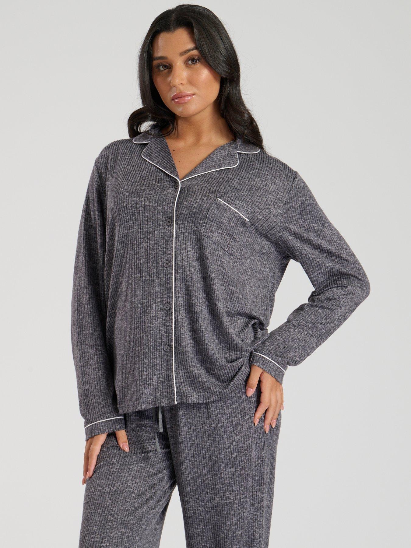 Image 3 of 4 of Loungeable Marl Brushed Knit Rib Traditional Pyjama Set - Grey