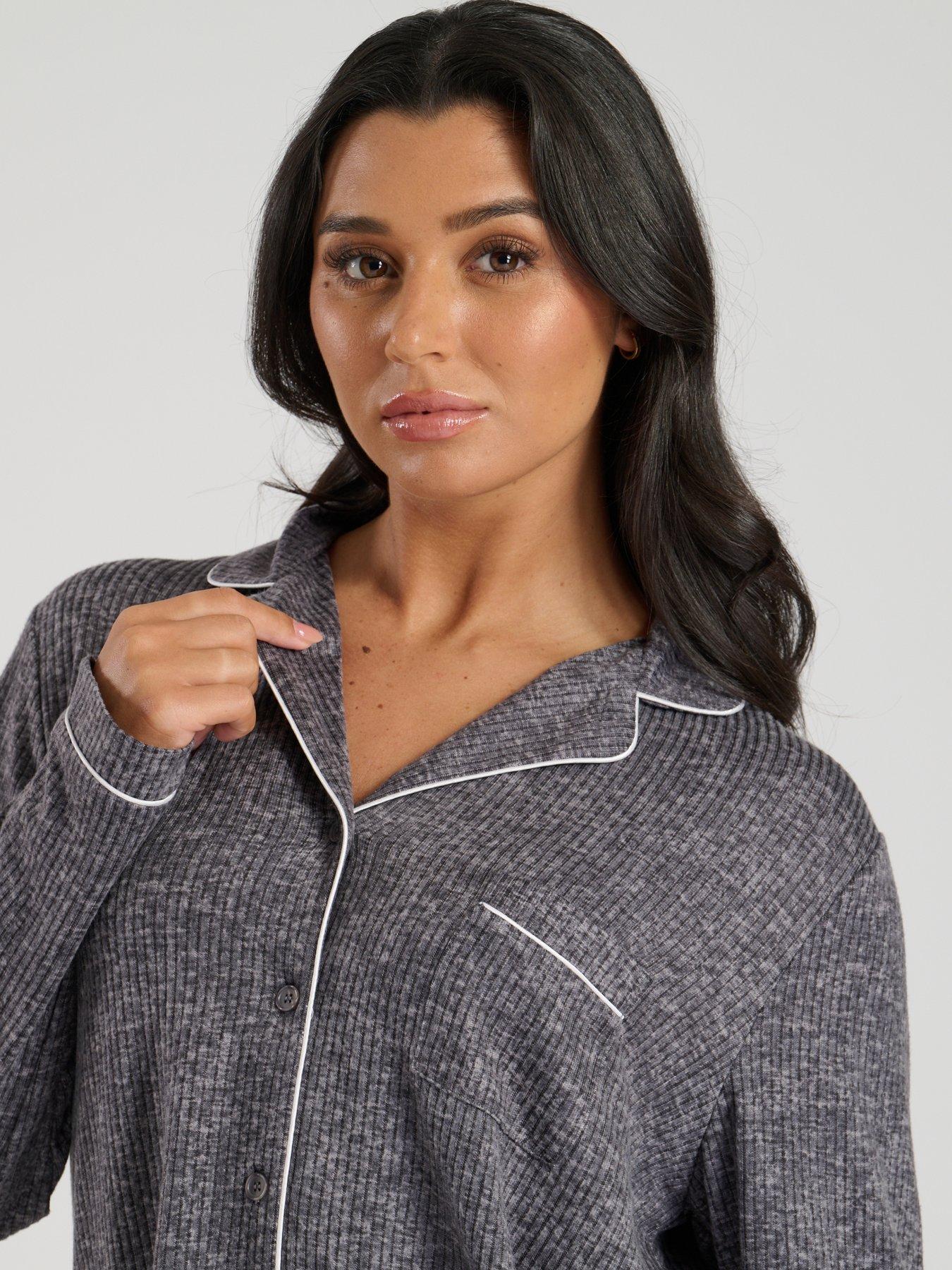 Image 4 of 4 of Loungeable Marl Brushed Knit Rib Traditional Pyjama Set - Grey