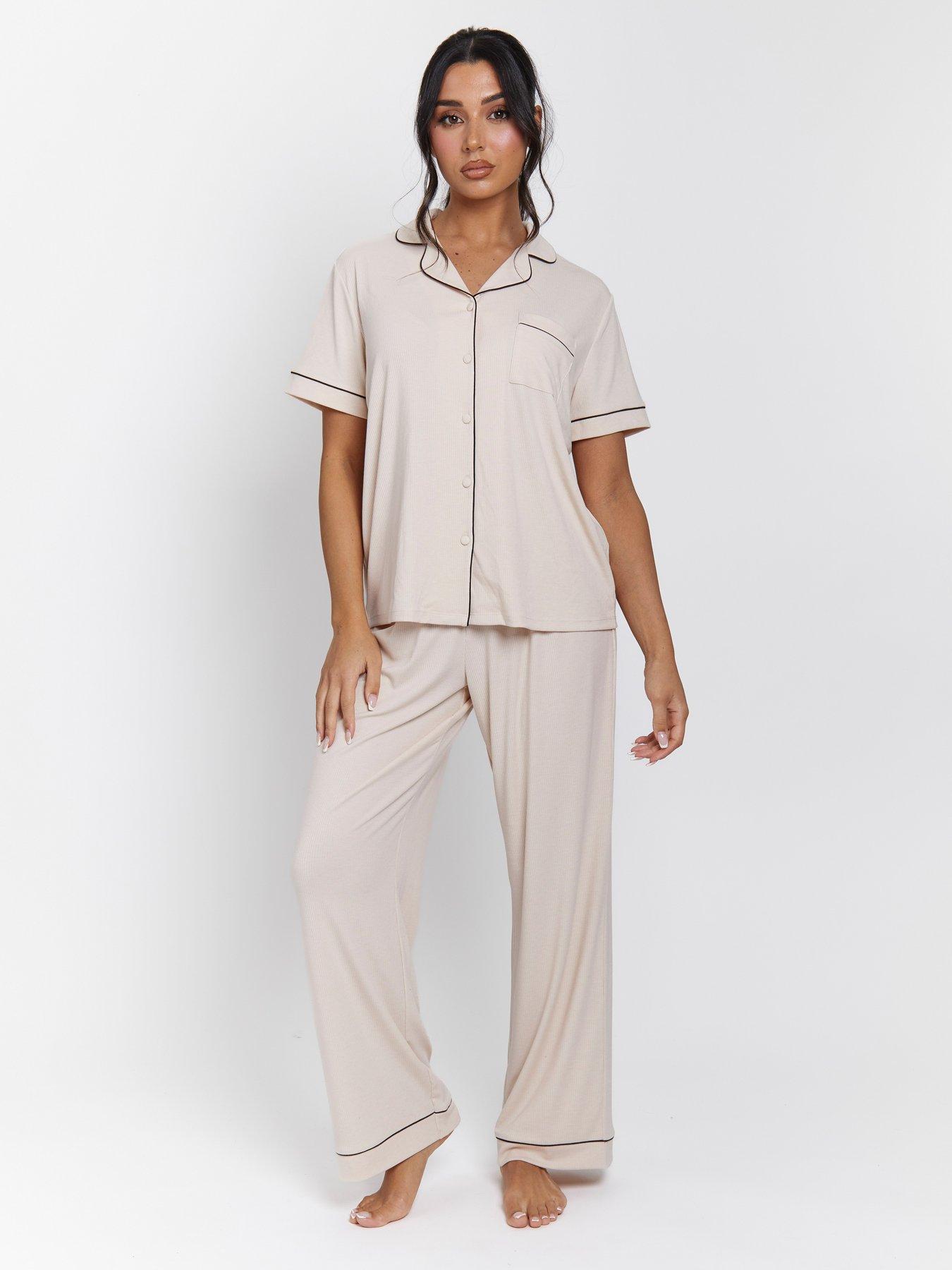undefined Rib Short Sleeve Traditional Shirt And Long Pant - Beige