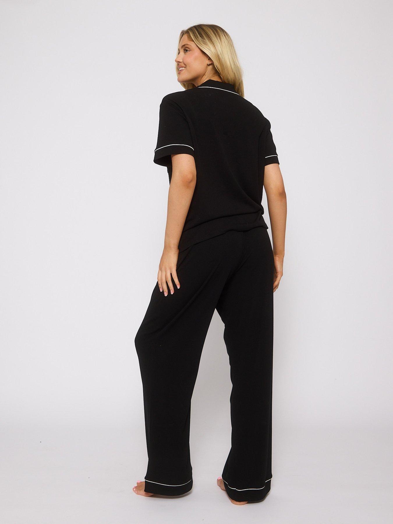 Image 2 of 3 of Loungeable Rib Short Sleeve Traditional Shirt And Long Pant Pyjamas Set - Black