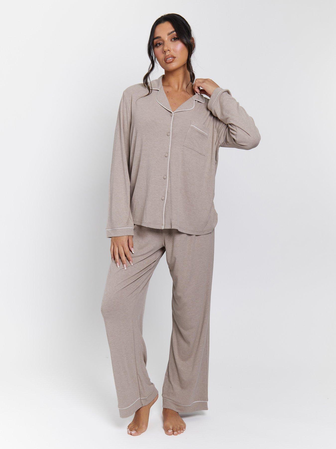 undefined Rib Long Sleeve Traditional Shirt And Long Pants - Oatmeal Marl - Beige