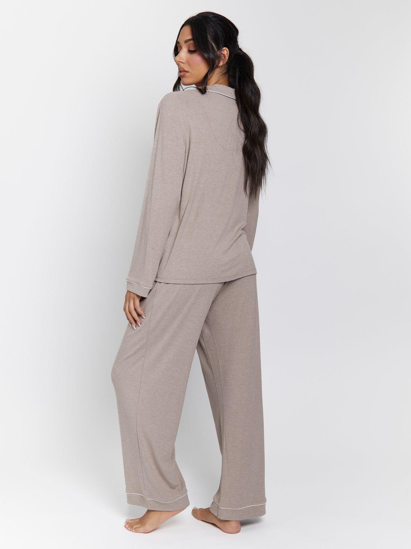 Image 2 of 4 of Loungeable Rib Long Sleeve Traditional Shirt And Long Pants - Oatmeal Marl - Beige