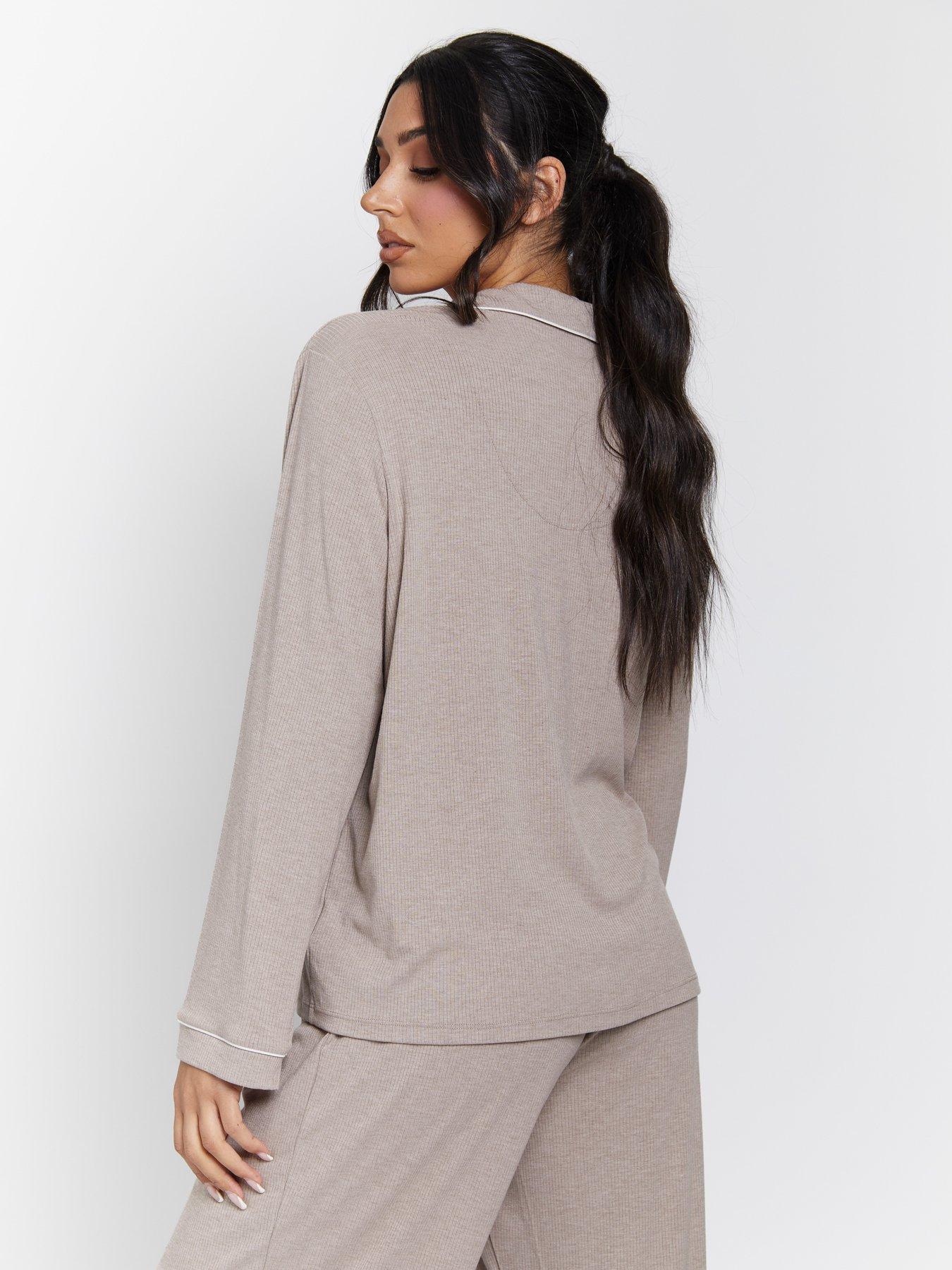 Image 4 of 4 of Loungeable Rib Long Sleeve Traditional Shirt And Long Pants - Oatmeal Marl - Beige