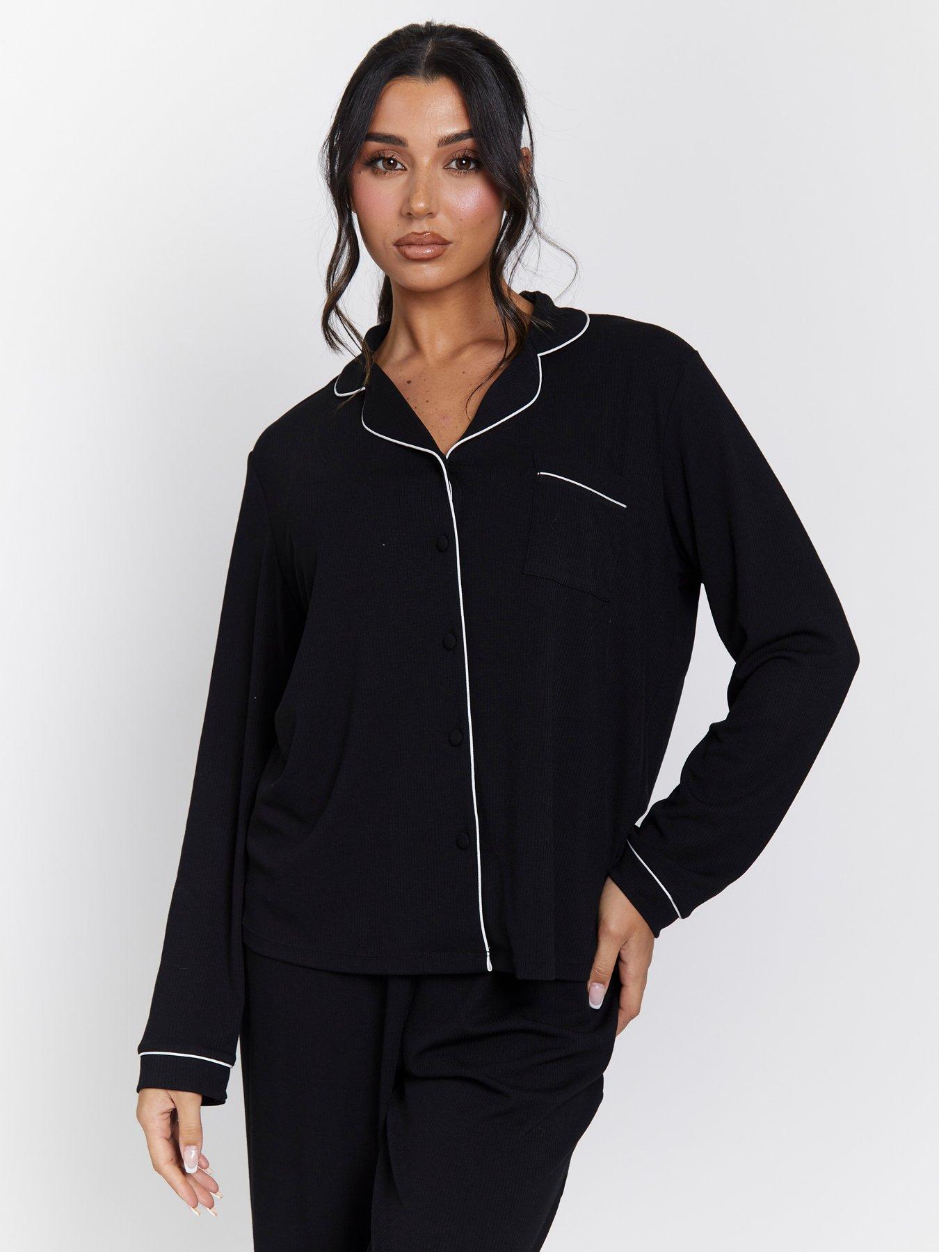 Image 3 of 4 of Loungeable Rib Long Sleeve Traditional Shirt And Long Pant Pyjama Set - Black