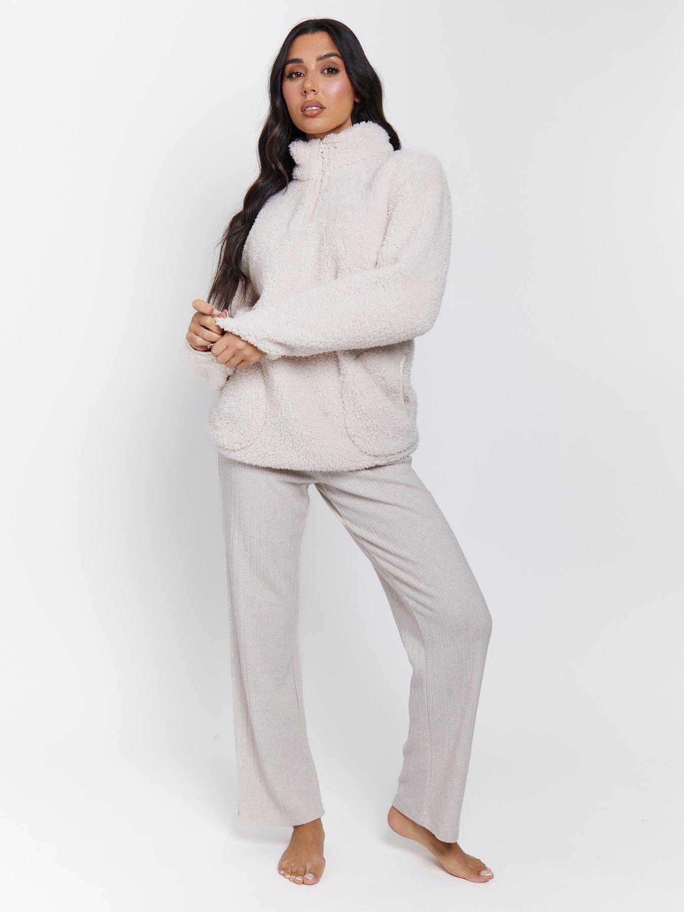 Loungeable Borg 1/4 Zip Jumper With Pockets - Cream