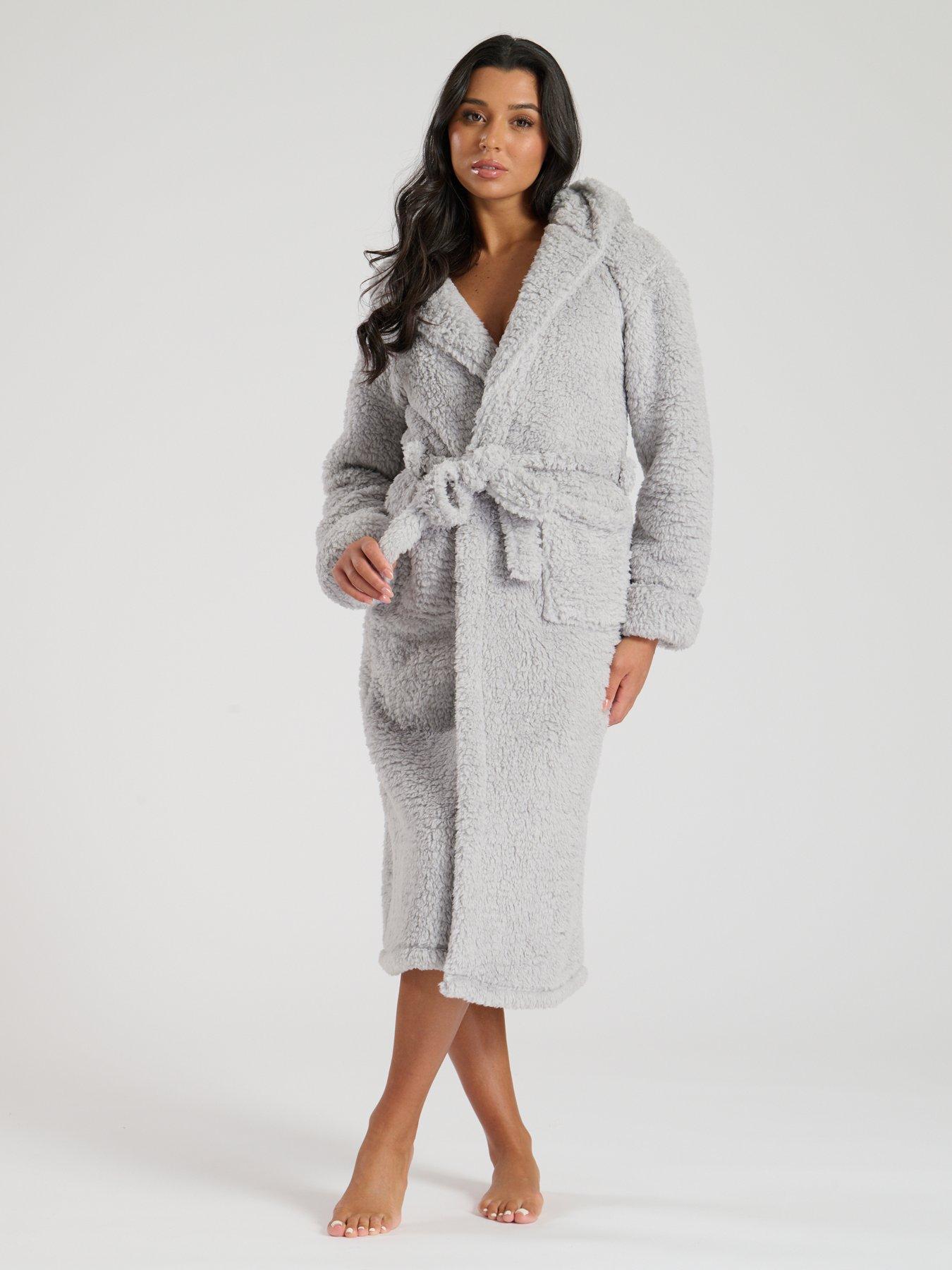 undefined Chunky Sherpa Hooded Maxi Dressing Gown - Grey