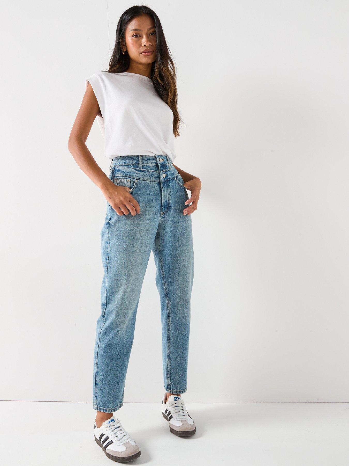 V by Very Double Waistband Mom Jeans - Mid Wash