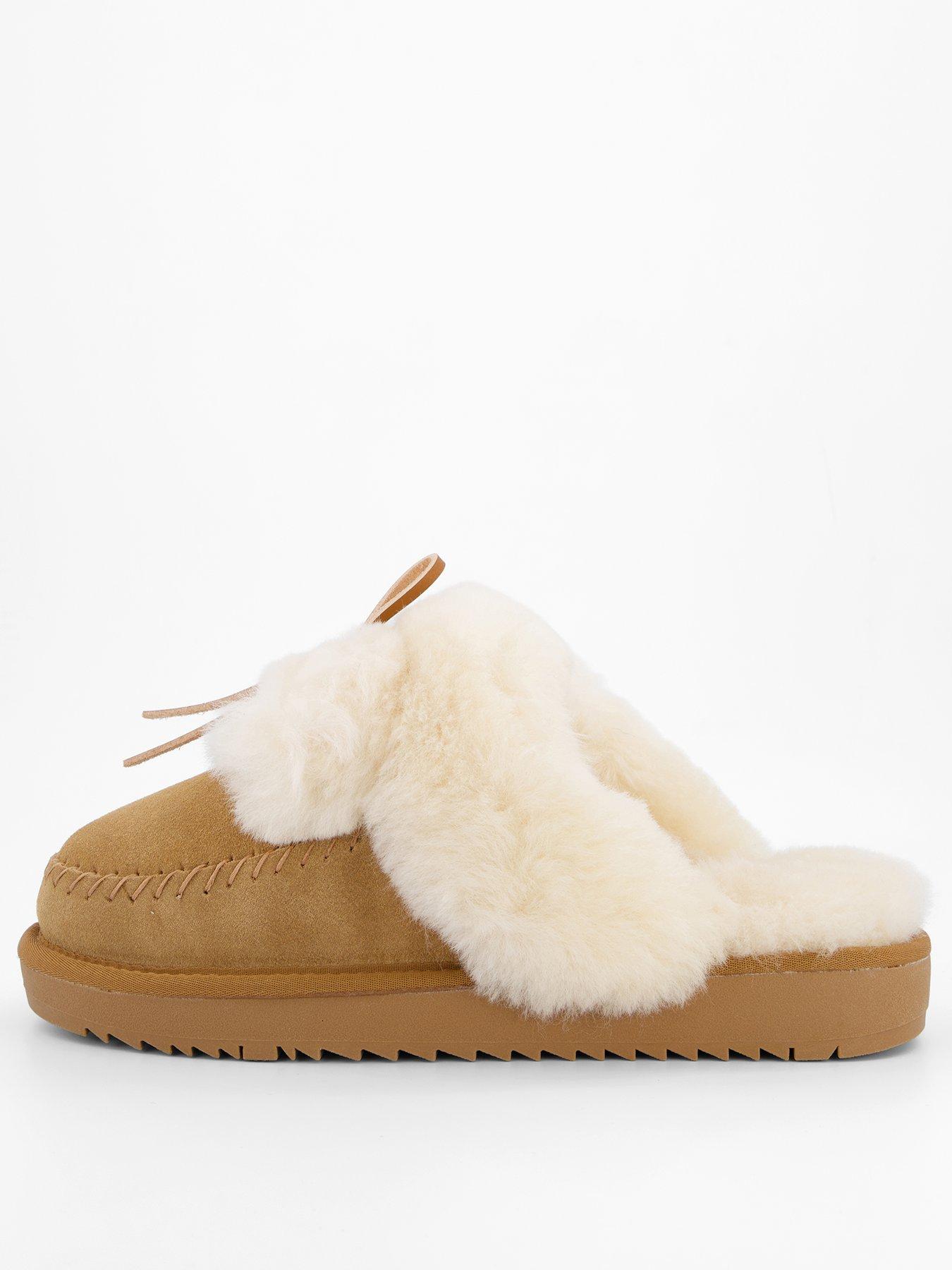 Loungeable Cosy Sheepskin Mules With Fur Poms - Tan