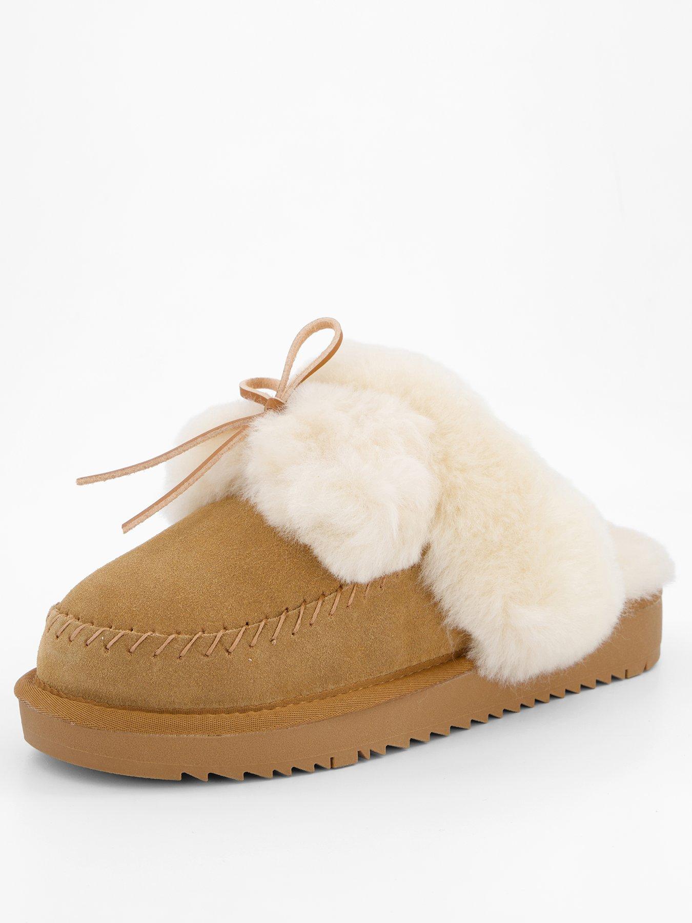  image of loungeable-cosy-sheepskin-mules-with-fur-poms-tan