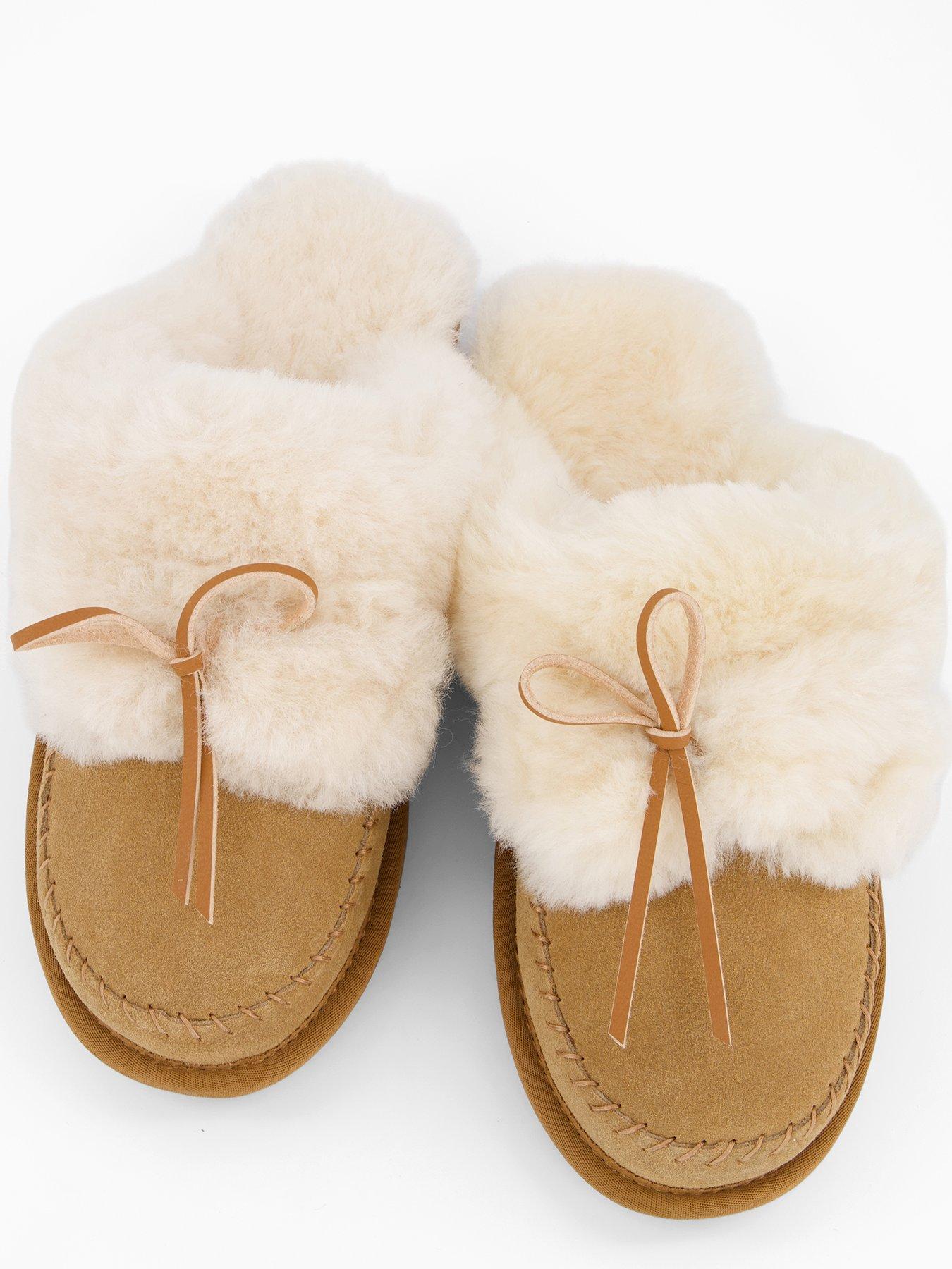  image of loungeable-cosy-sheepskin-mules-with-fur-poms-tan