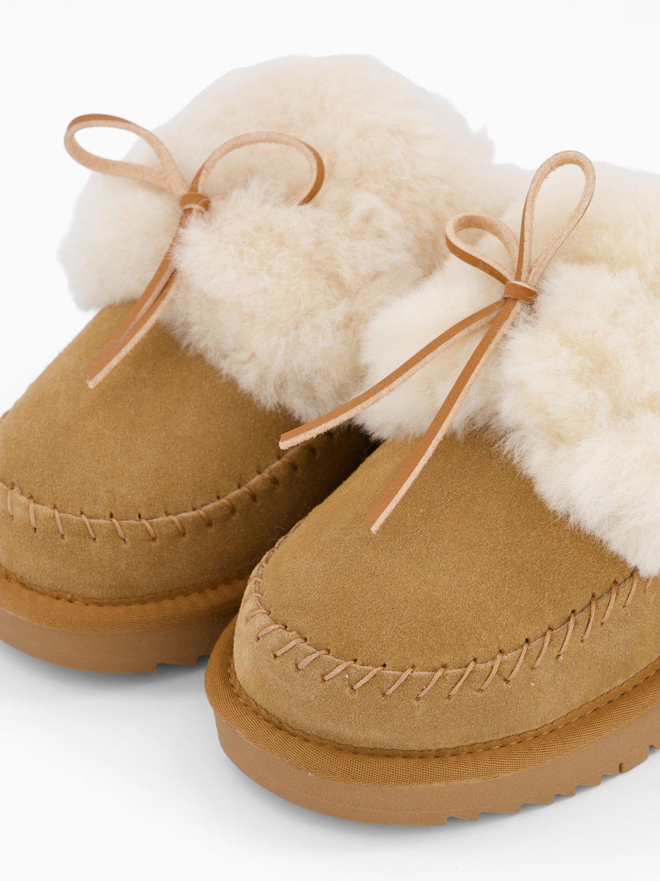  image of loungeable-cosy-sheepskin-mules-with-fur-poms-tan
