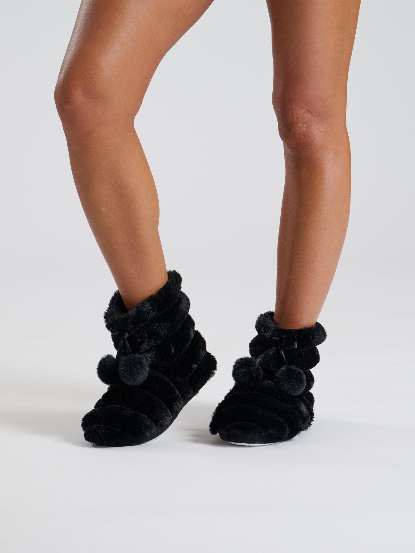 undefined Black Textured Faux Fur Bootie With Poms - Black