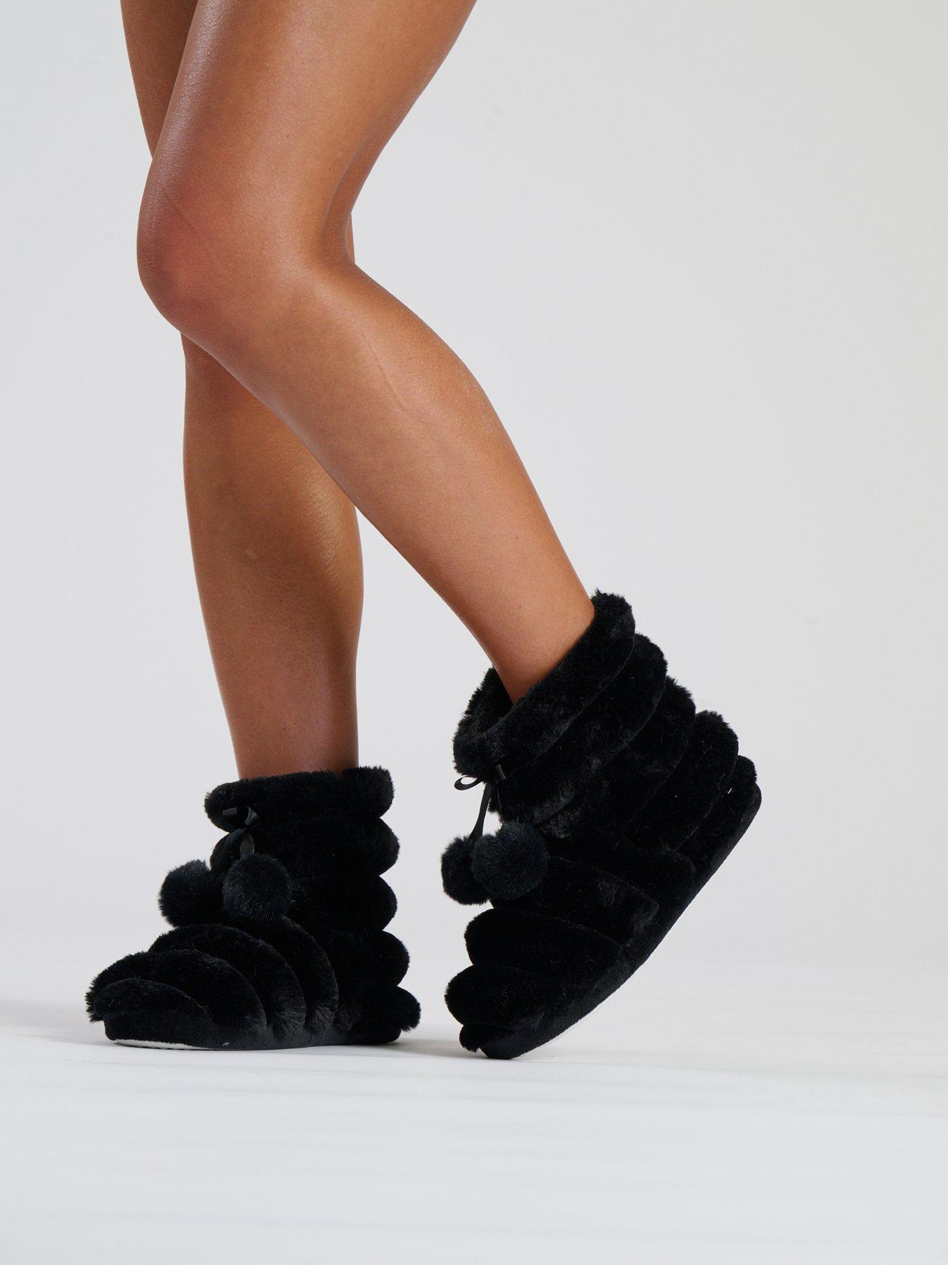 Image 2 of 3 of Loungeable Black Textured Faux Fur Bootie With Poms - Black