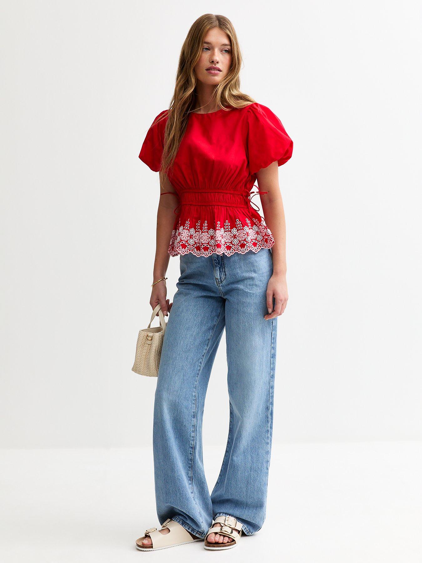 New Look Embroidered Trim Puff Sleeve Blouse - Red