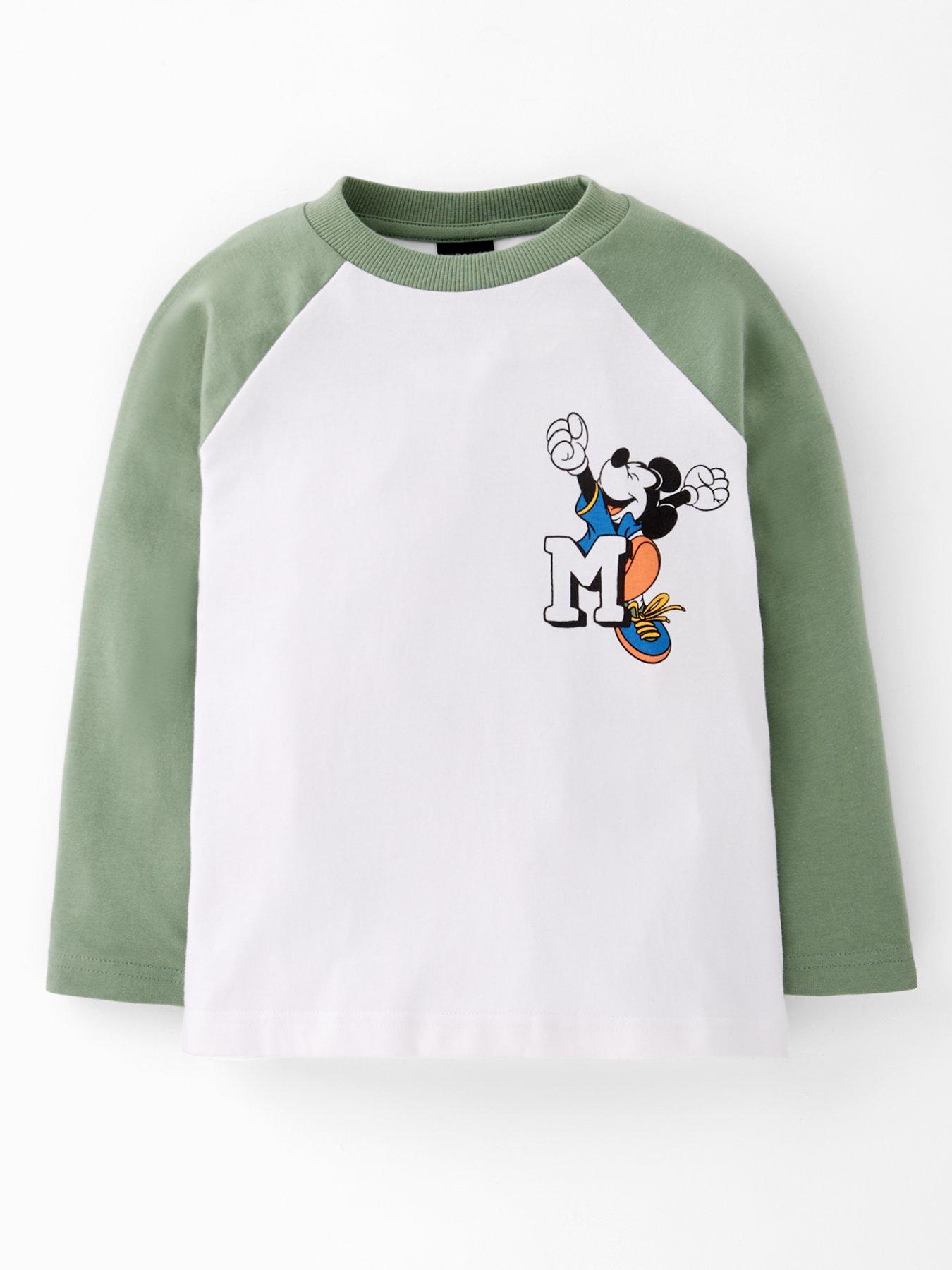Image 1 of 4 of The Very Collection Disney Micky Mouse Raglan Varsity Long Sleeved T-Shirt - Green