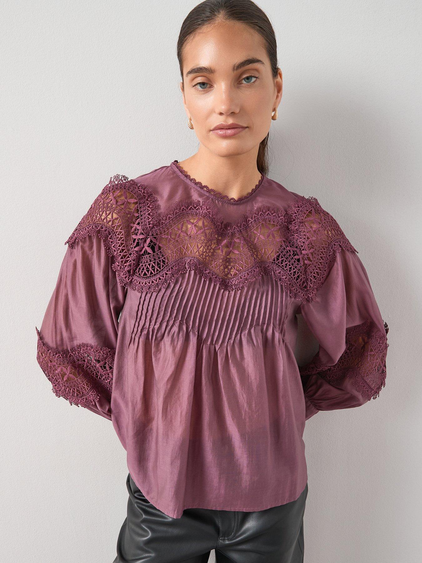 undefined Premium Lace Insert Blouse - Purple
