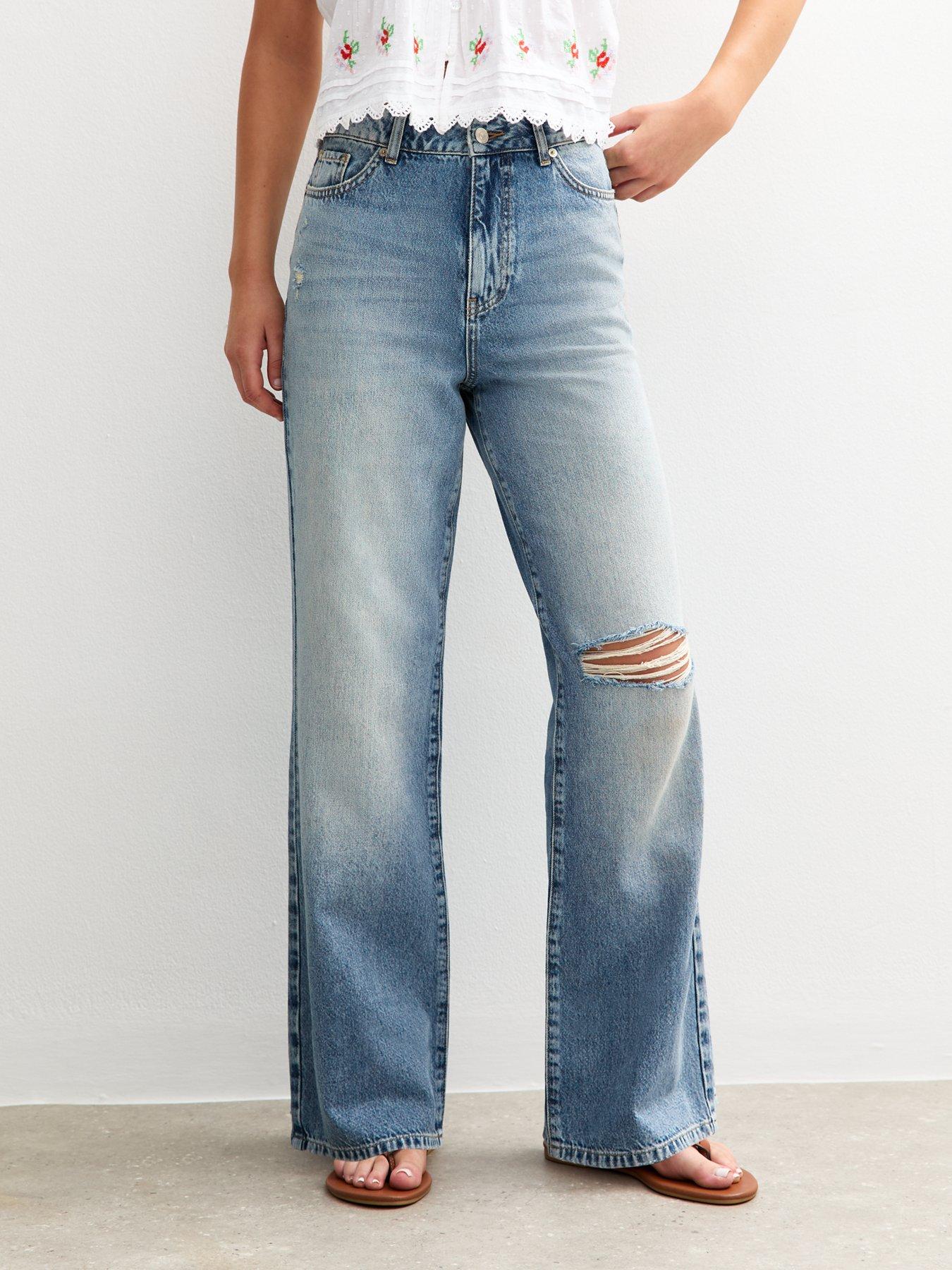 front image of new-look-blue-high-waist-ripped-knee-adalae-wide-leg-jeans