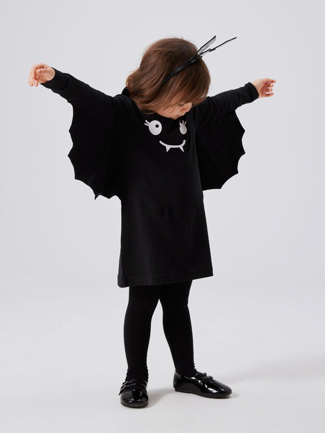 undefined Mini Girls Halloween Bat Dress With Wings - Black