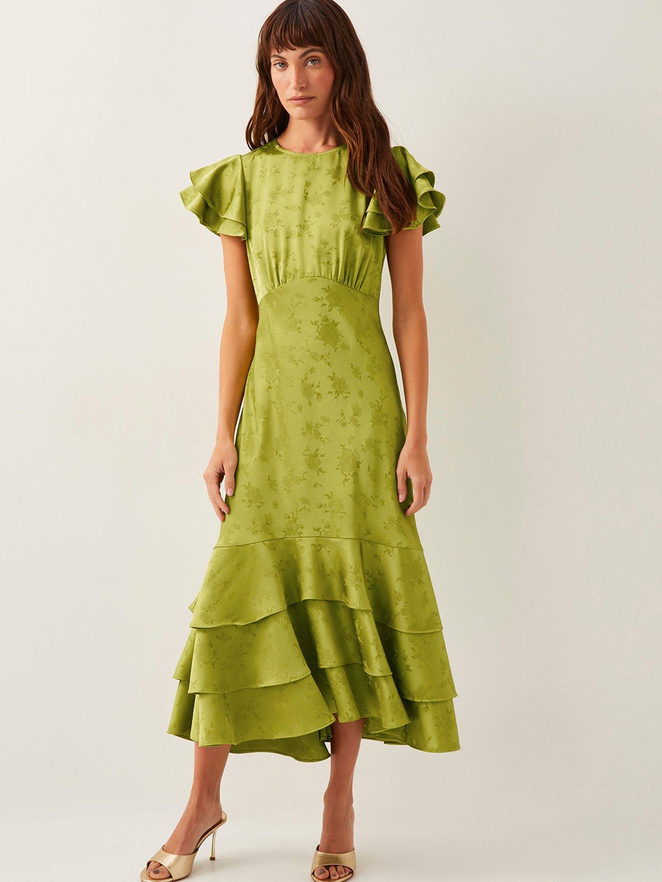 Monsoon Ester Satin Ruffle Midi Dress - Green | Littlewoods