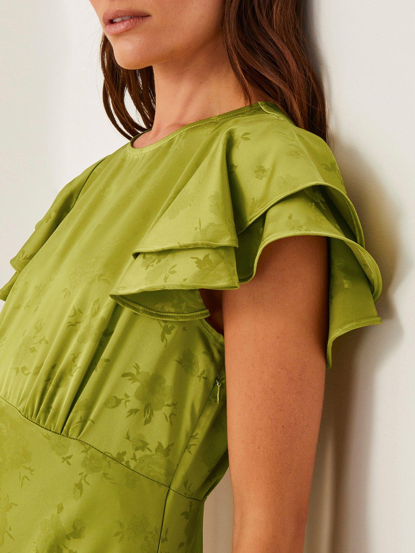 Monsoon Ester Satin Ruffle Midi Dress - Green