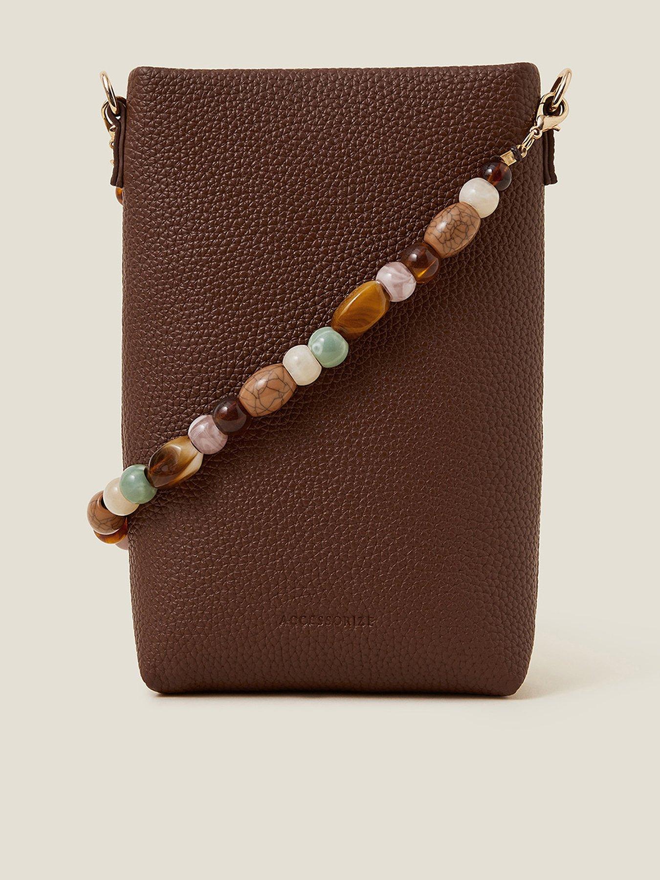  image of accessorize-beaded-strap-phone-bag-tan