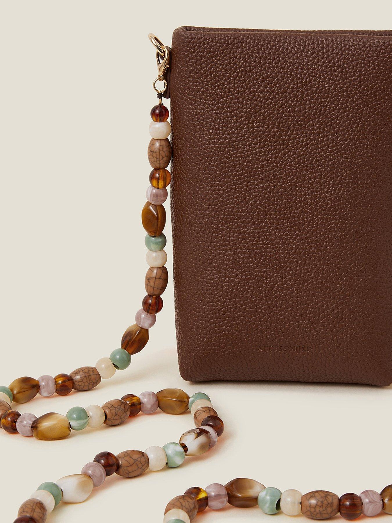  image of accessorize-beaded-strap-phone-bag-tan
