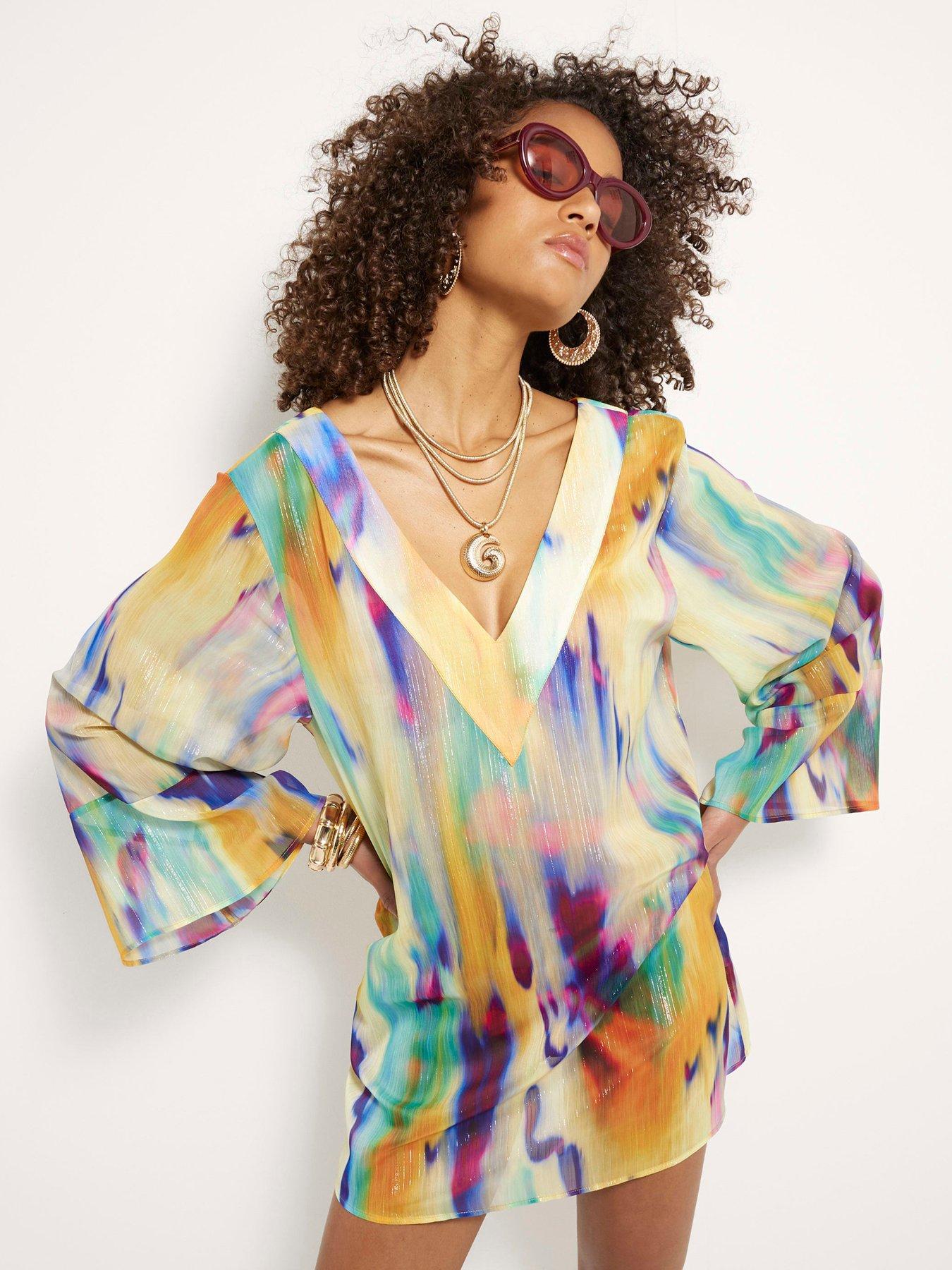 River Island Printed Long Sleeve Plunge Tunic - Yellow