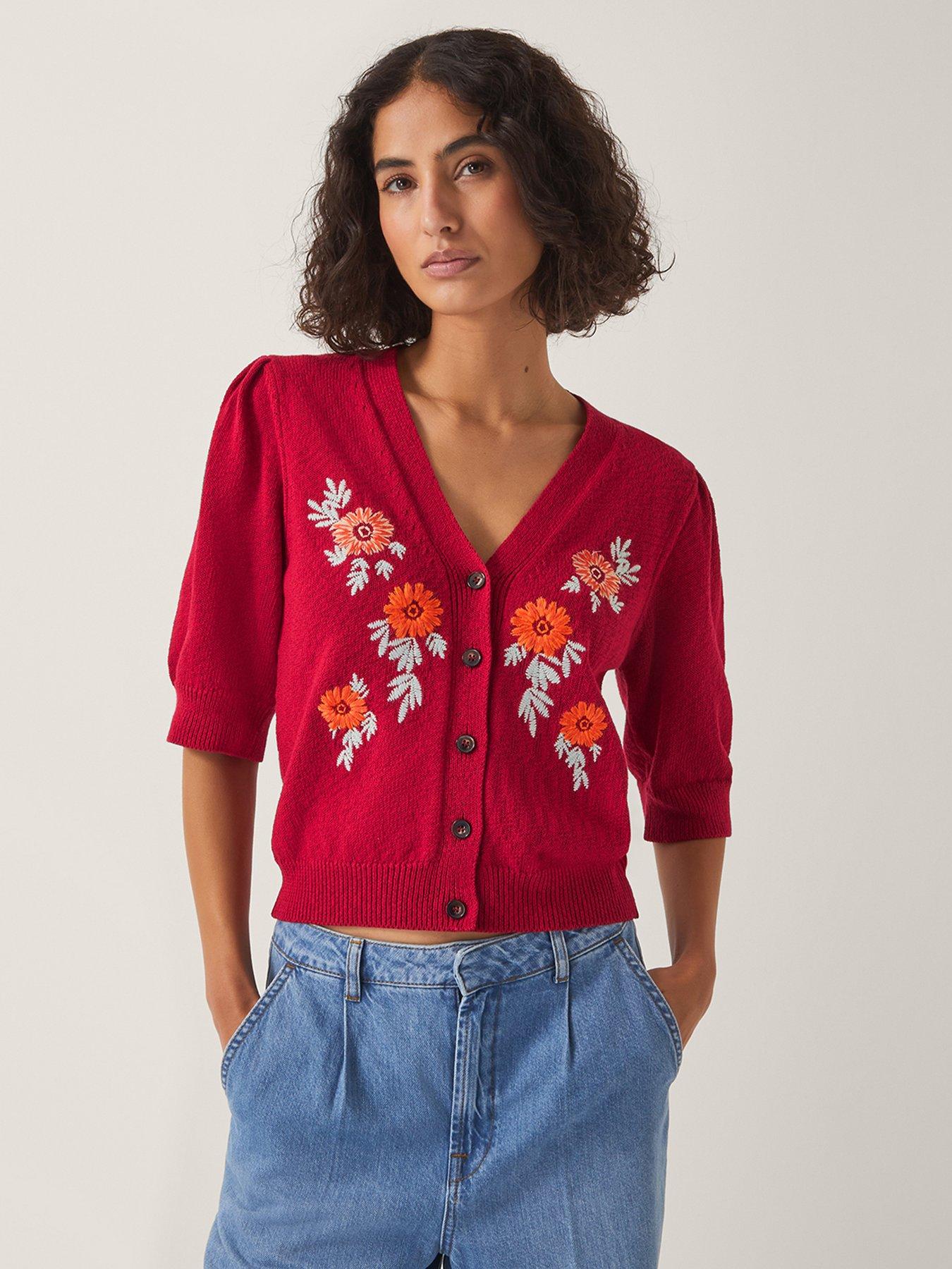 undefined Ellen Embroidered Cardigan - Red