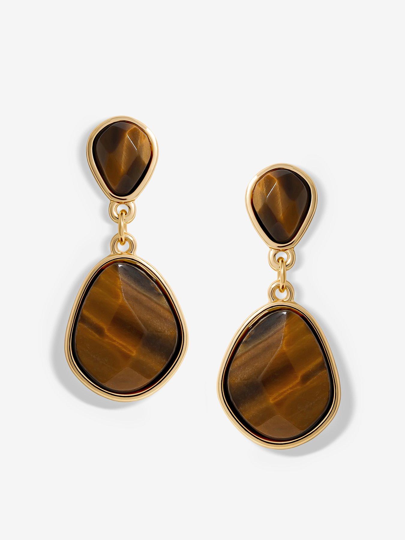 undefined Gold Plated Tigers Eye Pear Drop Earrings